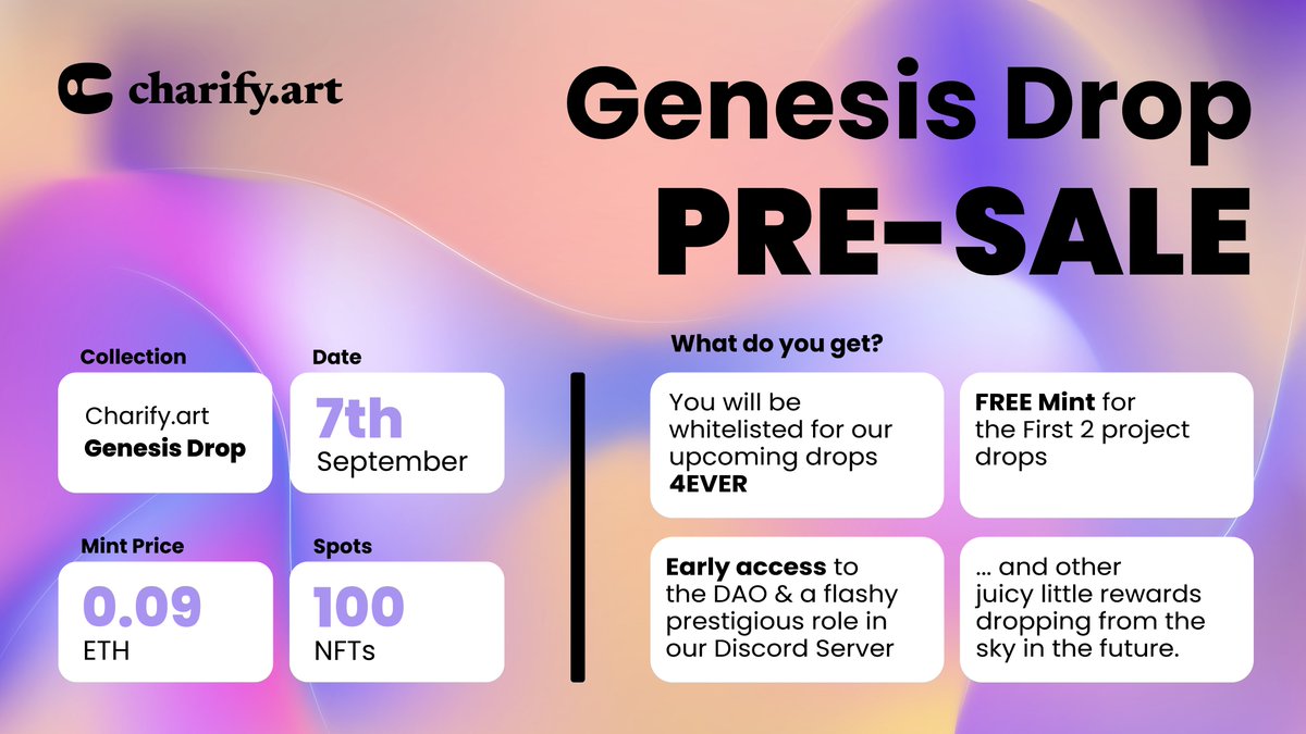 philantroo's tweet photo. ��� PRESALE info 🚨

Everyone will get the chance to mint their Genesis Drop NFTs on 7th September. 

Only 100 SPOTS will be available! ‼️

Get ready for alpha access and join us on our disruption of crowdfunding on web3😎

#Web3 #NFT #PRESALE #Charify #Crowdfunding #crypto https://t.co/UsPG437KbJ