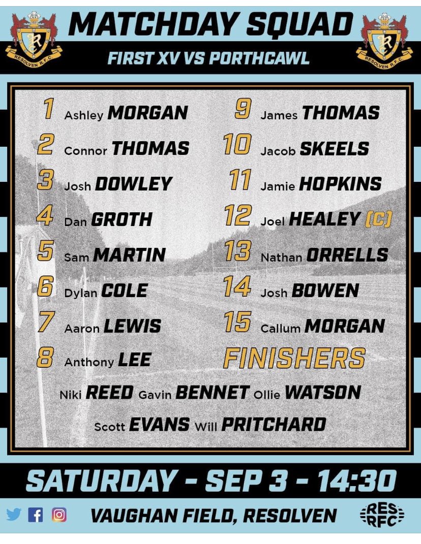 ResolvenRFC's tweet photo. Here we go again.  Team to start first home game of season.  With old adversaries ⁦@porthcawlrfc⁩ back up with us.  Come along and give your team some support. 💙🖤 https://t.co/36nP50ZQwf
