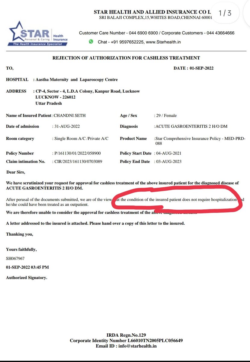 Vishuce116's tweet photo. @StarHealthIns 
Never buy health insurance from @StarHealthIns.
They will give you any illogical reason to cancel your claim. https://t.co/y28ugBv5bk
