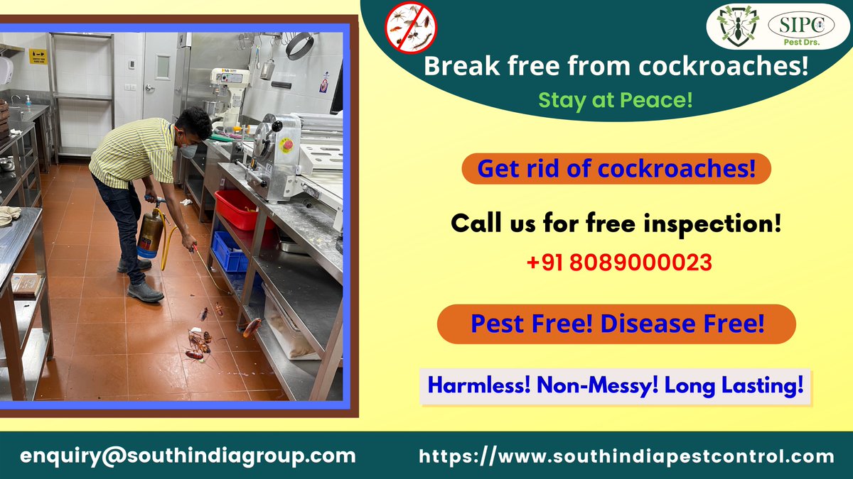 sipcpestcontrol's tweet photo. Break free from Cockroaches with SIPC cockroach control services. Get in touch with us!
Visit: https://t.co/wxX2oEhWqn Call: +91 8089000023
#cockroaches #cockroachcontrol #cockroachcontrolservice #cockroachgel #cockroachkiller #pest #pestcontrol #pestcontrolservice #roach https://t.co/nrEYsO4kfZ