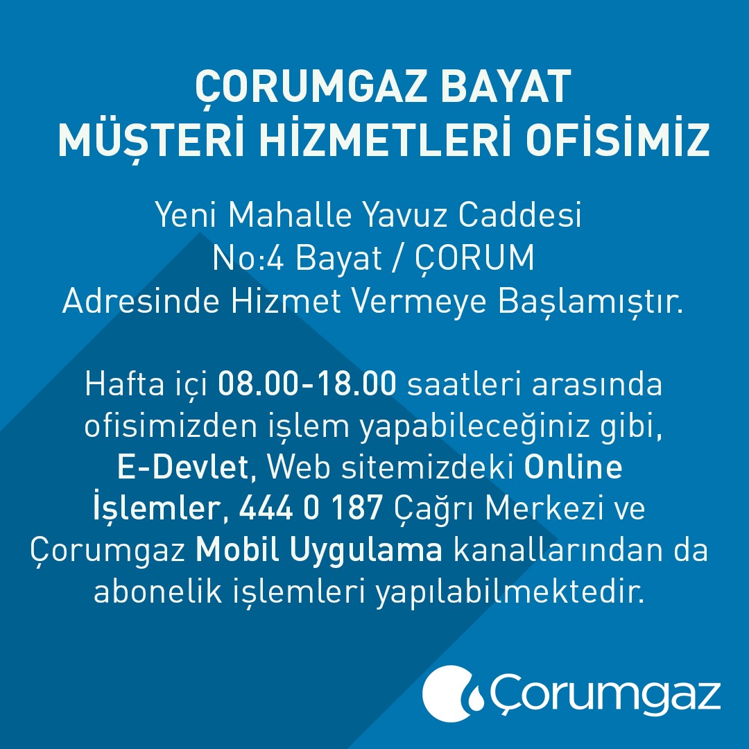 CedasDogalgaz's tweet photo. Çorumgaz-Bayat Müşteri Hizmetleri Ofisimiz hizmet vermeye başlamıştır.
#çorumgaz
#bayat
#çorumgazbayat
#cedas
#ahlatcıholding https://t.co/5EMoTPBFjB