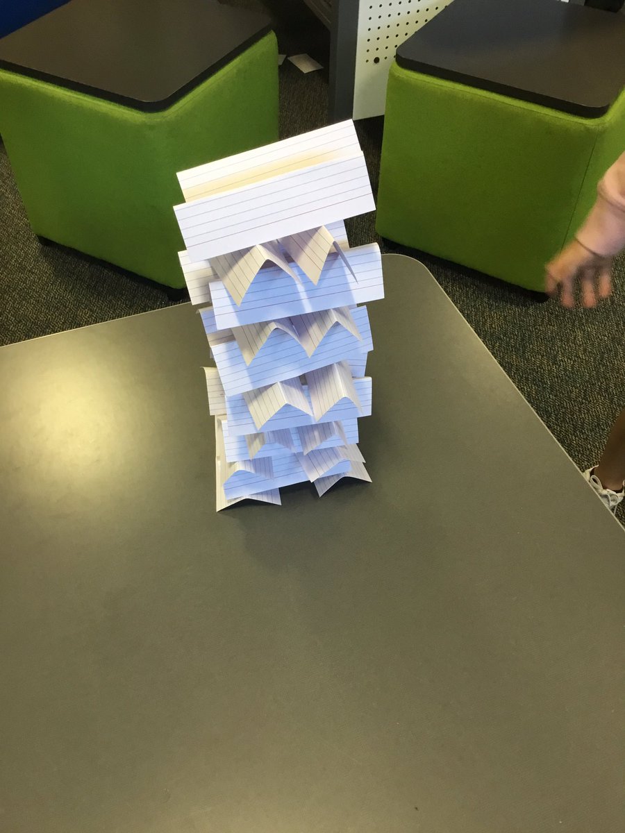 MonroeMaker's tweet photo. With just 25 index cards 5th graders practiced all 4C’s! Working in teams, students were given unused index cards and 10 minutes to build the tallest tower. So far this year’s record is 30 inches tall (not pictured). #CVExploations #CVProud #4cs #STEM https://t.co/Cz5CxooRwH
