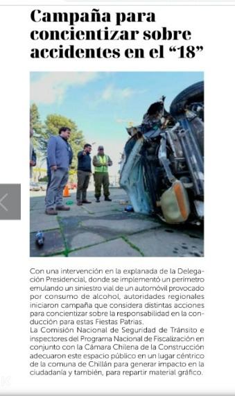CChCChillan's tweet photo. Hoy Diario #CrónicaChillán y @ladiscusioncl destacan en su edición la Campaña de prevención de accidentes que impulsa la Comisión de Seguridad y Salud Ocupacional de la @CChCChillan junto a reparticiones públicas y la SIAT de Carabineros de Ñuble. #JuntosNosCuidamos https://t.co/ro3FPKR0n4