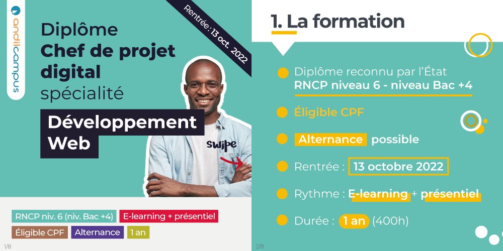 Andilcampus's tweet photo. 🎓 Diplôme Chef de projet Développement (niv. Bac +4)
💰 #Alternance (contrat pro. ou #apprentissage)
💰 Demandeurs d'#emploi : places Région (spé. Com.), CPF, AIF
💰 Autres profils : CPF, etc.
📅 Rentrée 13/10
🔗 https://t.co/x7RaAIJpoy

#php #nodejs #react #html #css #java #sql https://t.co/Tg4IRba39t
