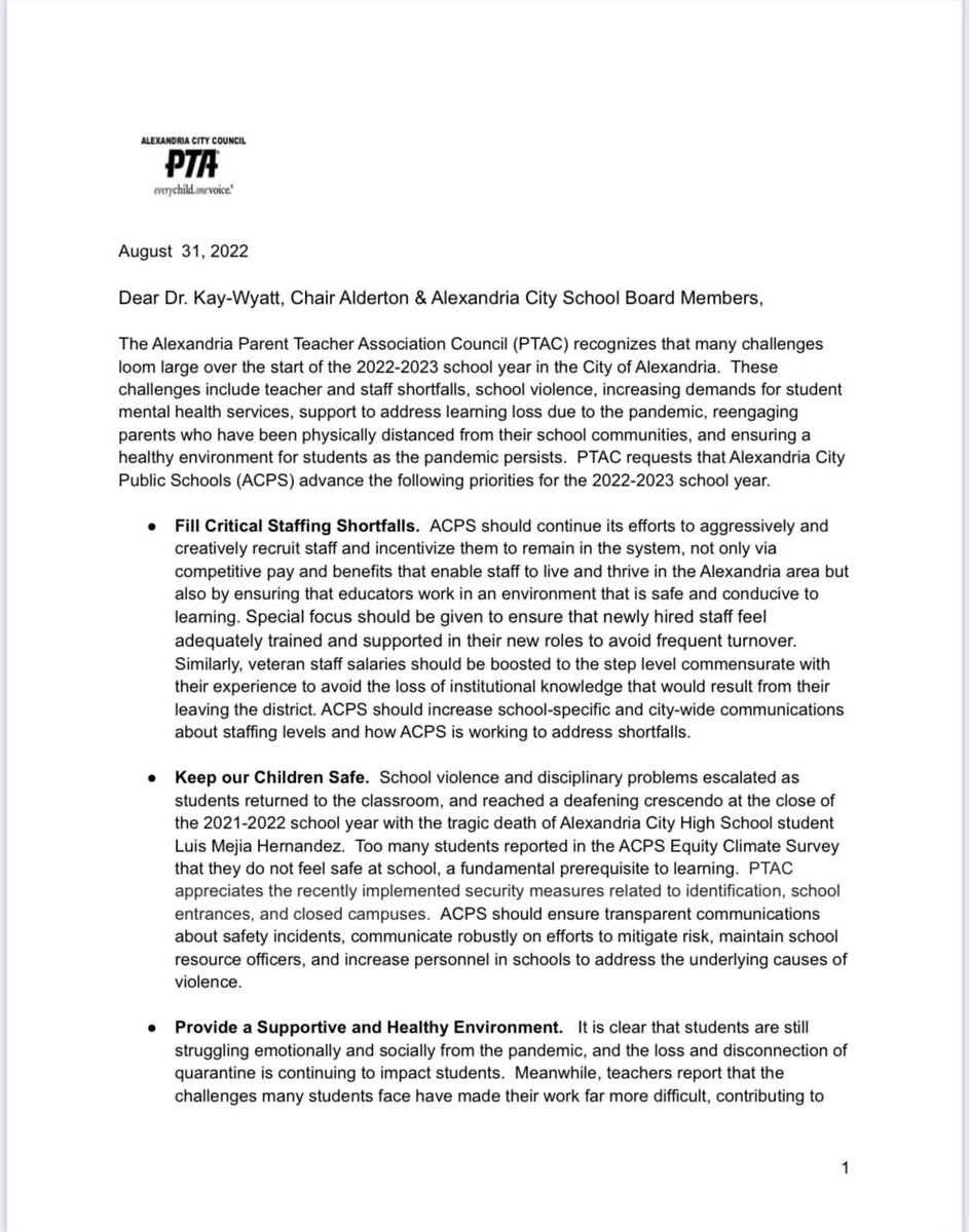 AlexVAPTAC's tweet image. ⭐️Advocacy Alert⭐️PTAC recognizes the many challenges that loom large over the start of the 22-23 school year. We have requested that @ACPSk12 and the Alexandria School Board advance several priorities. For more information, please see the full letter below 

#PTACAdvocacyAlert