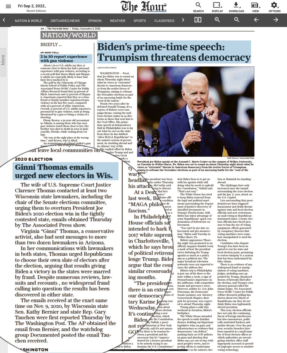 The wife of a United Supreme Court Justice sending emails to state legislators urging them to overturn a free and fair election should be on the front page not page A6.