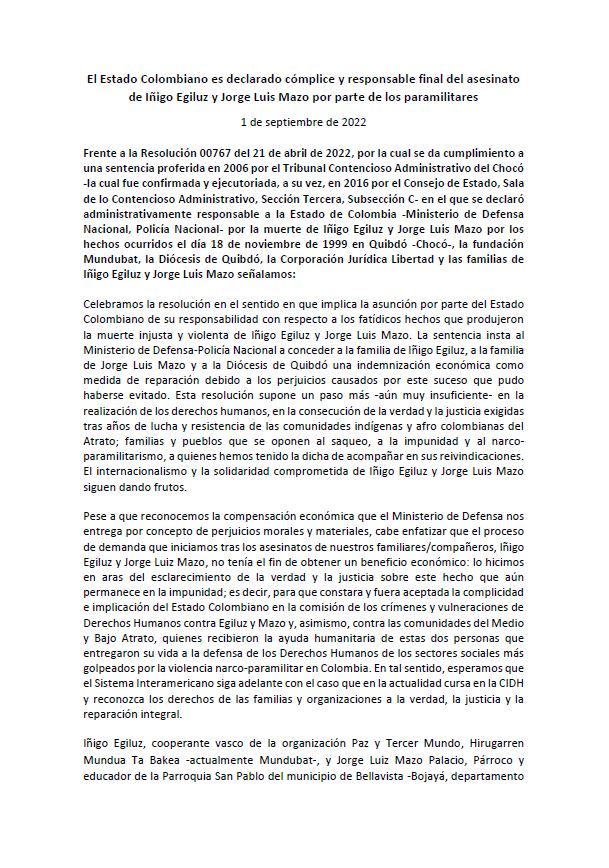 Mundubat's tweet photo. 📢Celebramos la Resolución 00767 del 21 de abril de 2022, en la cual el Estado Colombiano es declarado cómplice y responsable final del asesinato de Iñigo Egiluz y Jorge Luis Mazo por parte de los paramilitares 👇👇
https://t.co/WBJma2tchI https://t.co/GFHIKWPNmq