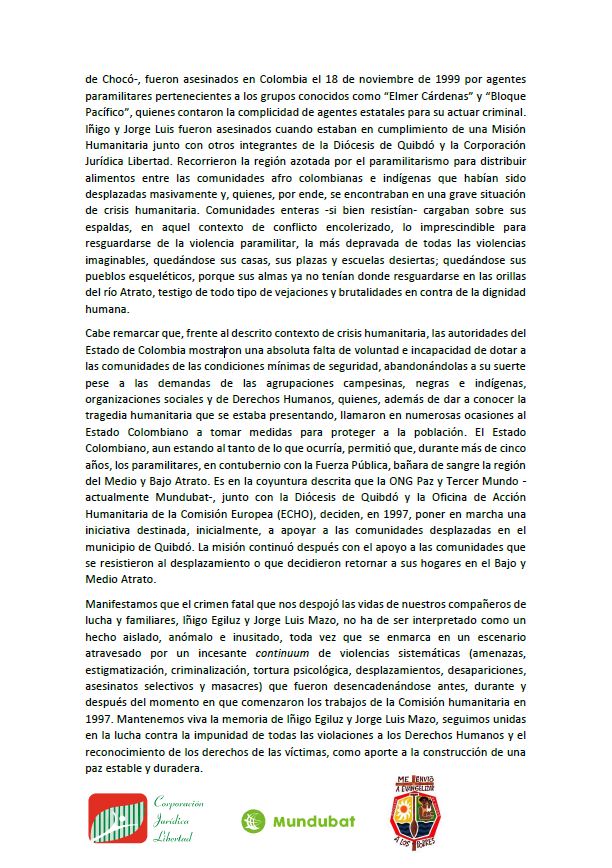 Mundubat's tweet photo. 📢Celebramos la Resolución 00767 del 21 de abril de 2022, en la cual el Estado Colombiano es declarado cómplice y responsable final del asesinato de Iñigo Egiluz y Jorge Luis Mazo por parte de los paramilitares 👇👇
https://t.co/WBJma2tchI https://t.co/GFHIKWPNmq
