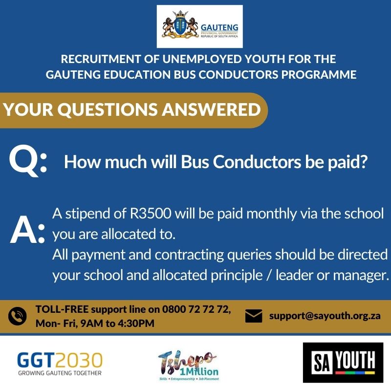 JOBS LOADING..RECRUITMENT OF UNEMPLOYED YOUTH FOR THE GAUTENG EDUCATION BUS CONDUCTORS PROGRAMME. Toll-free support line 0800727272, Mon- Fri, 9-16:30. Register: sayouth.mobi/Home/Index/EN  #SAYouth #PresidentialYouthEmploymentIntervention #PYEI #GrowingGautengTogether #GGT2030