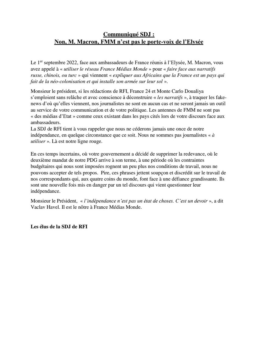 Non, M. Macron, FMM n'est pas le porte-voix de l'Élysée. Nous ne céderons jamais une once de notre indépendance.