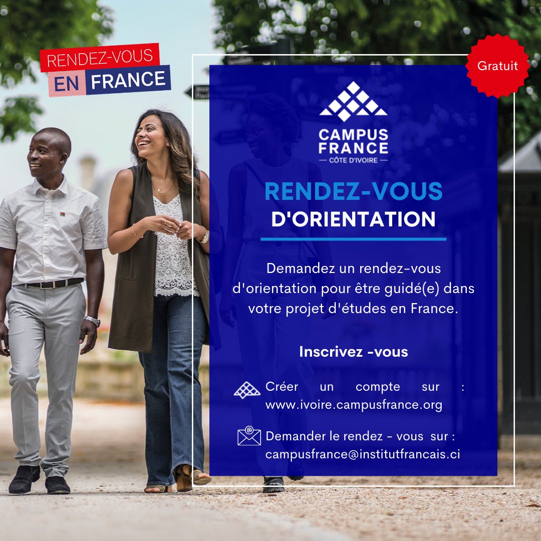 🗣 C'est bientôt la réouverture de la campagne.
Préparez votre réussite en prenant votre rendez - vous d'orientation dans les espaces Campus France 👇
Abidjan : campusfrance@institutfrancais.ci
Bouaké : campusfrancebouake1@institutfrancais.ci ou 07 88 79 89 54
#EtudesEnFrance