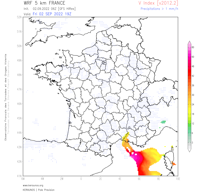 Toutefois, le risque d'#orages en V deviendra plus significatif ce soir et première partie de nuit prochaine, entre est #Hérault et ouest PACA notamment (risque de stationnarité. 
Les cisaillements favorables rendront ce risque important, comme l'illustre l'indice d'orage en V. 