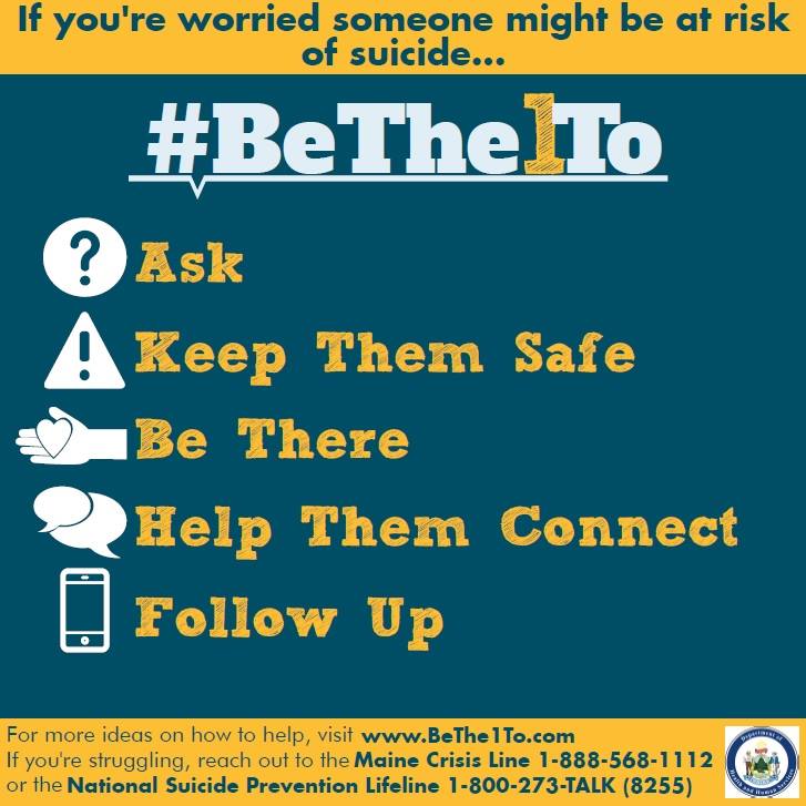 MEPublicHealth's tweet image. Today is the start of Suicide Prevention Week.
Learn more about the five action steps for communicating with someone who may be at risk for suicide: bethe1to.com/bethe1to-steps…