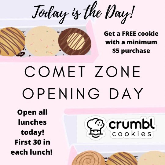 thecometzone's tweet photo. Comet Zone Opening Day!👏 Come on down to the store during all lunches today! Come check out the new merch &amp; get CRUMBL!🍪@CrumblCookies @MHSComets @bobby__dodd @cooperlearns @MasonHSComets @MasonSchools @MasonActivities https://t.co/D6c1TH9qVC