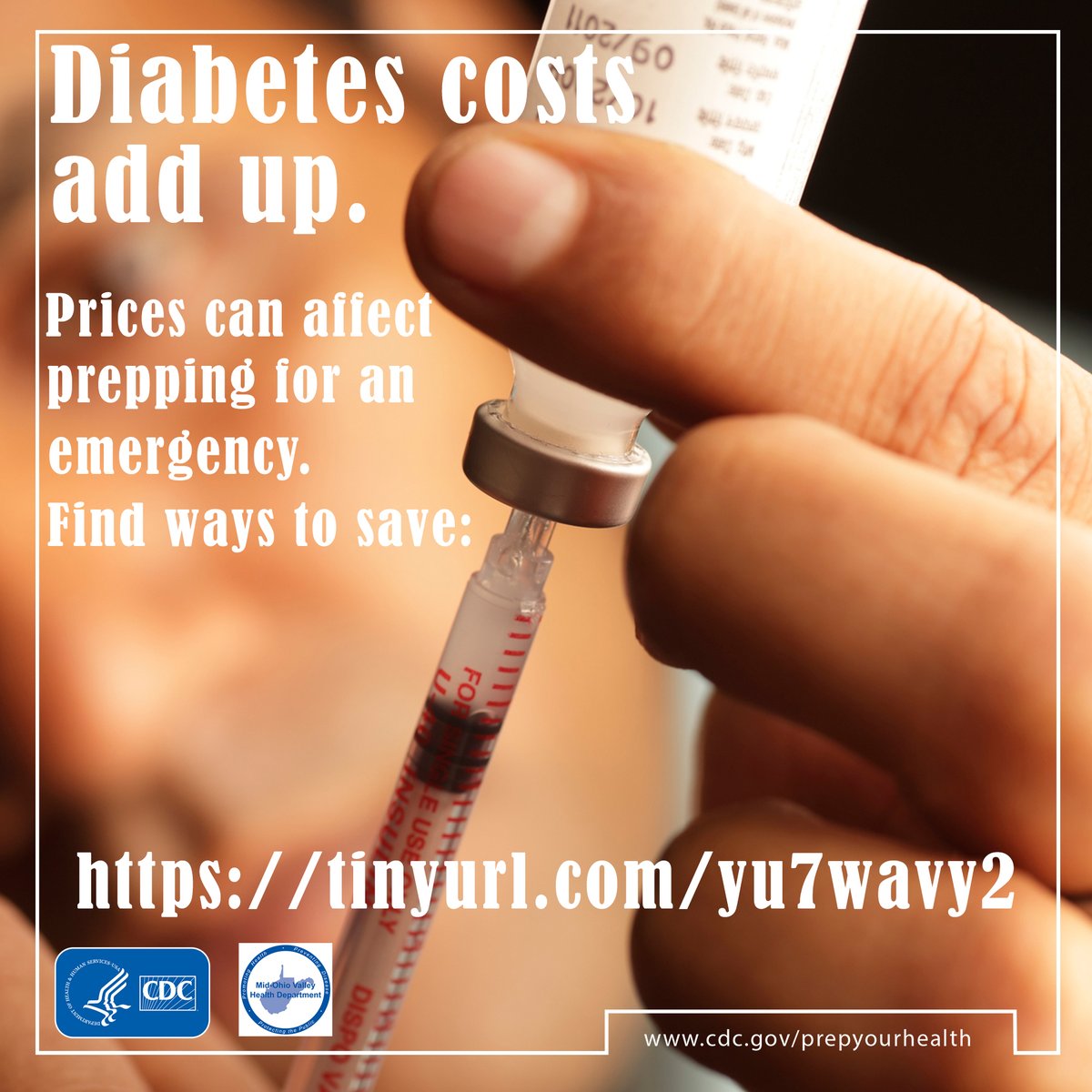 MOVHealthDept's tweet photo. The 📈 price of insulin can limit people’s everyday access & ability to #RxPrep for emergencies. They might ration insulin to save money & stretch their supply. Learn safe ways to save on diabetes care: https://t.co/UGitFLAhtj #MeetPeopleWhereTheyAre #CDC #movhd #midohiovalley https://t.co/rfbvzY5Pp2