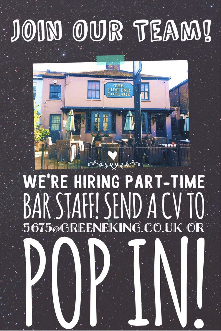 tideendcottage's tweet image. With the students back to university again soon we have a couple of vacancies for part time team members. Experience not essential just a can do attitude. Please share if you see this. #jobs #pubjobs #pubwork #barstaff #pub #teddington