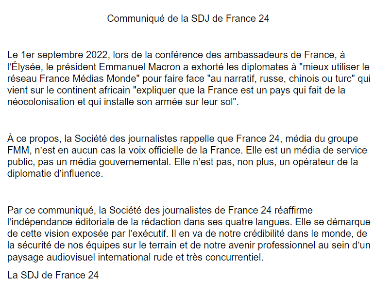 La Société des journalistes réaffirme l’indépendance éditoriale de la rédaction de #France24.