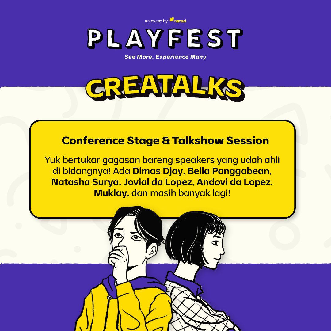 playfestnarasi's tweet image. Wohoo! Senang banget deh Playfest makin dekat!

Mau tau keseruan apa aja yang bisa kamu dapetin? Banyak banget dong, mulai dapat insight menarik, pengalaman seru, dan nonton penampilan spesial guest star. 🤩 | Playfest

#Playfest2022 #ReactivateYourSense