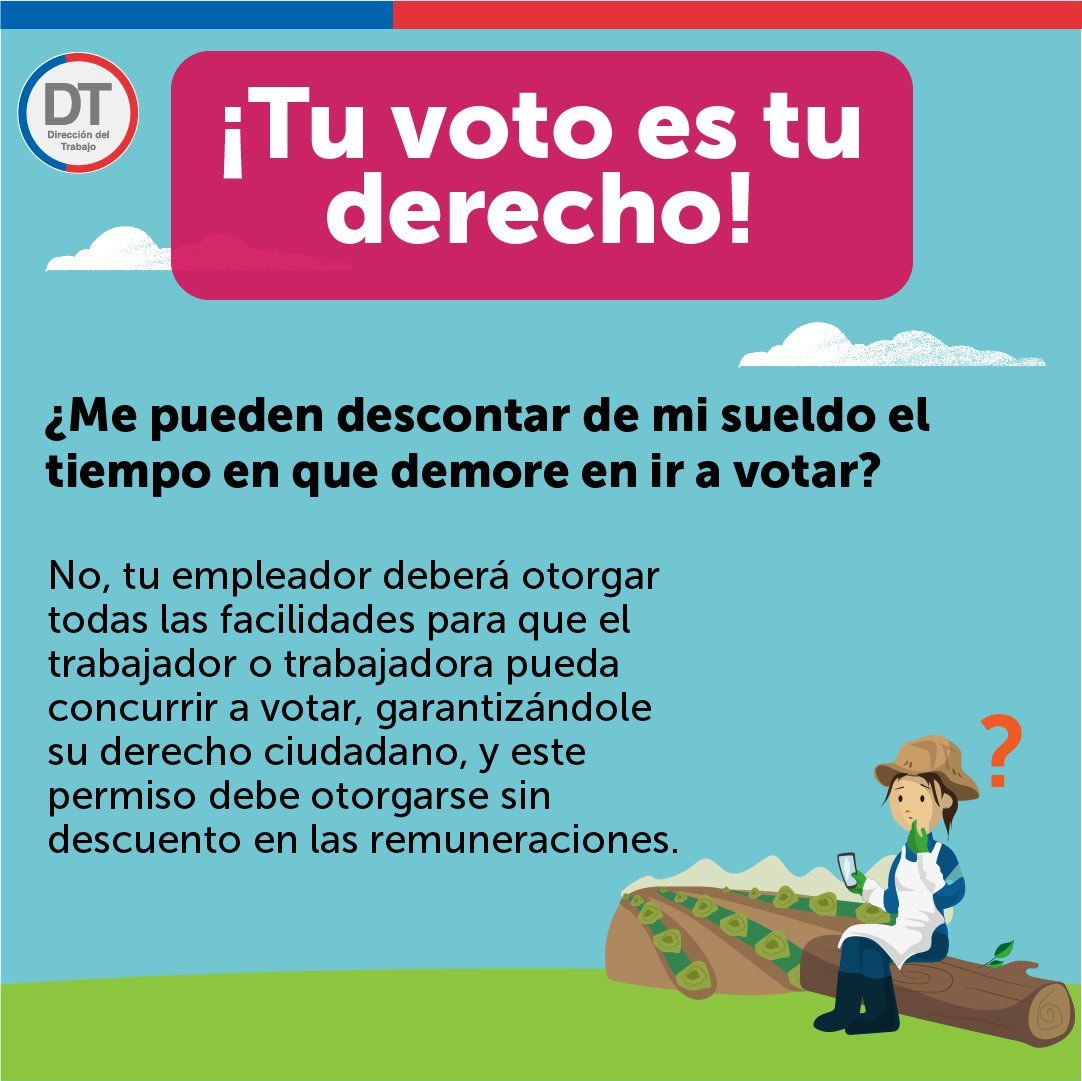 gboccardobosoni's tweet photo. ¡Tu voto es tu derecho!
Recuerda que tu empleador debe otorgarte todas las facilidades para que puedas votar. El permiso no debe descontarse de tus remuneraciones. Más información en @DirecDelTrabajo https://t.co/QjWIRwiyyP