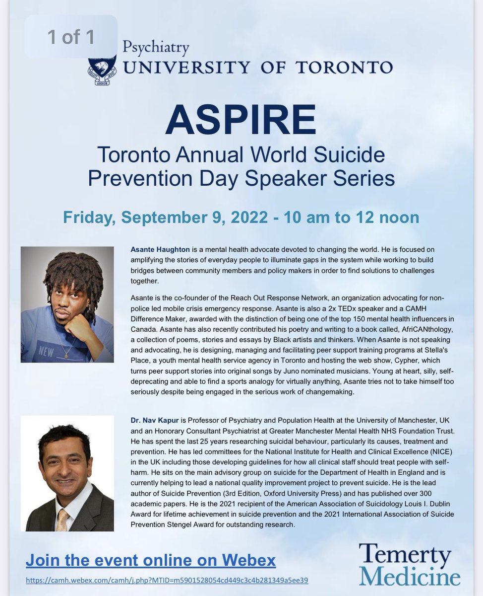 Could not be more thrilled for our @UofTPsych ASPIRE Second Annual #WSPD Speaker Series Event. Please reach out via DM or email if you are interested in attending. Two extraordinary speakers - @asantetalks and @NCISH_UK’s Dr. Nav Kapur. Please retweet and share!