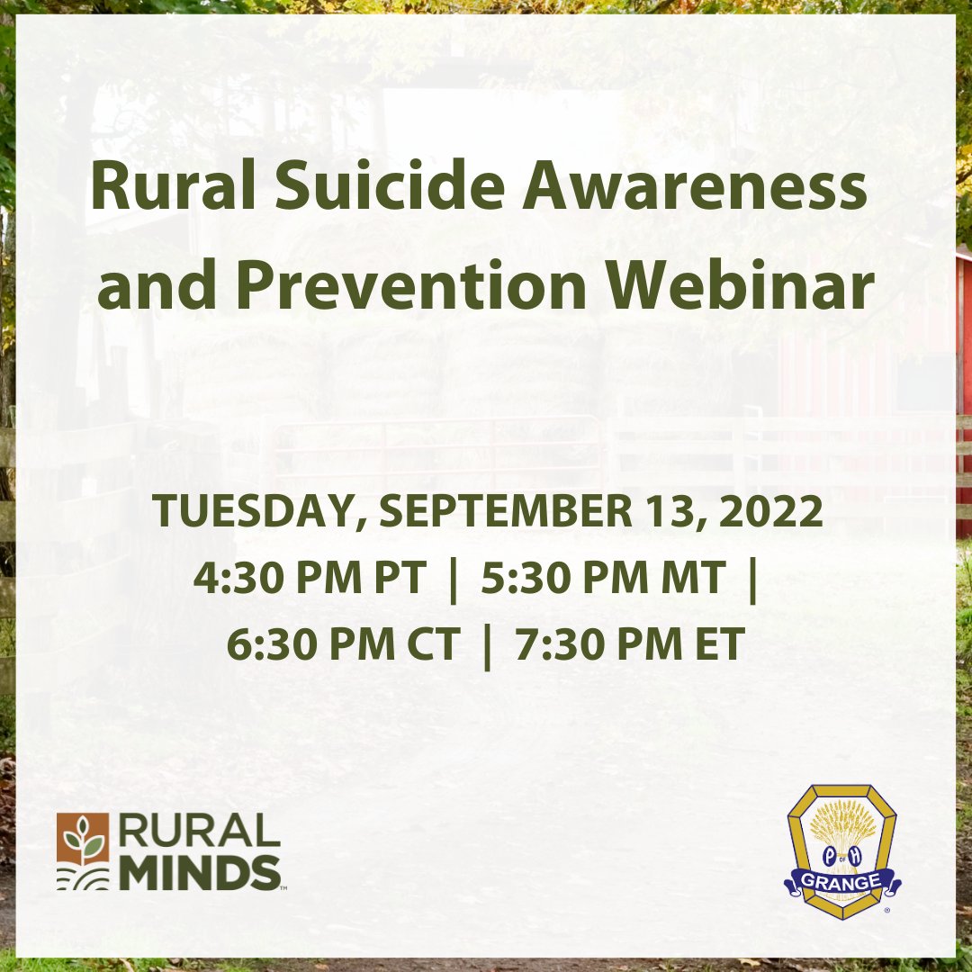 ruralminds's tweet photo. We’re partnering with the National Grange to present a webinar featuring rural mental health counselor Monica Kramer McConkey and Nathan Lawson, a Kentucky farmer and rural suicide prevention advocate. Click here to register or learn more: https://t.co/JWfJpg9pis #StopTheStigma https://t.co/V1TNMzOnoZ