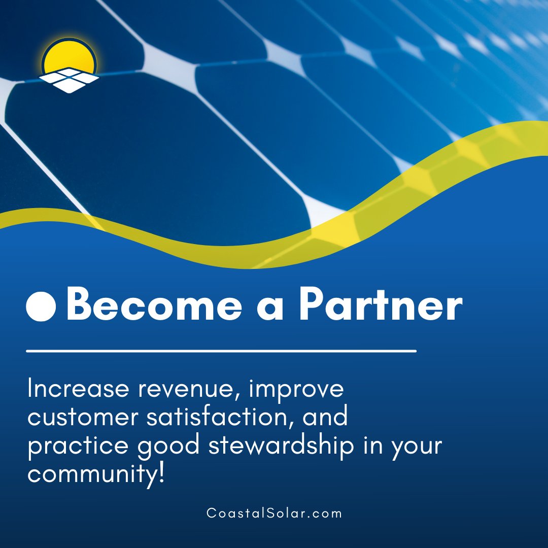 Become a Partner:
Increase revenue by adding solar power to your existing business model without additional shelf space, inventory, overhead, or expensive sales materials.
ow.ly/pUbJ50KuGoN
#coastalsolar #solarpower #savemoney #cutcost  #renewableenergy