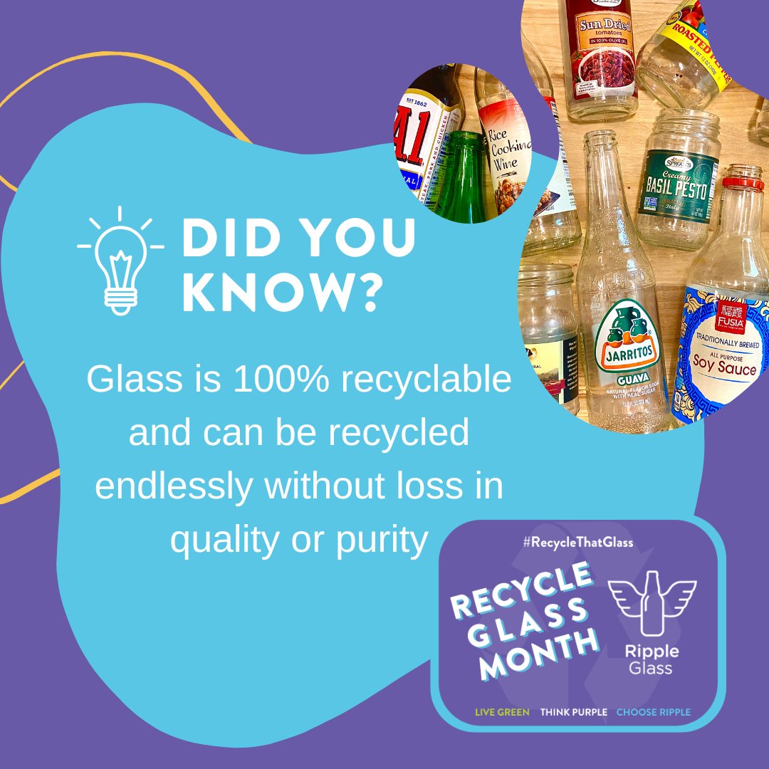 rippleglass's tweet photo. #DYK Unlike a lot of materials (like plastic), glass can be recycled over and over and over and over and over and over again. 

#ChooseGlass #RecycleThatGlass⁠
⁠
Find more fun glass facts here: https://t.co/3LJKHACDUl https://t.co/DLXGcpXnYn