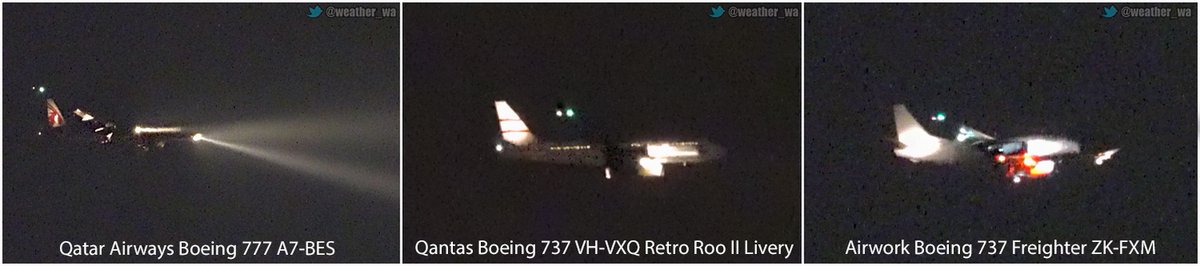 weather_wa's tweet photo. @ManjitK6987 @BunburyWeather @perthovalman @RKMac65 @baxlex @shaunamkinney @ImTheOnlyAstro @TrixieBelden_ @drstip @2017Ferret @paulmp @speedbird020 @Richard_Kreider @Sparrow_65 @sivideoaviation @Barnsy_Lisa @BigV2011WCE @wiccewicker @Rob_lebob @TheWAWG @aussie_robbob @WendyBirdOZ @N8aviation A Couple Of The Interesting Planes This Evening, #QatarAirways #Boeing 777 (A7-BES), #Qantas #Boeing 737 (VH-VXQ) #RetroRooII And Airwork (Toll) #Boeing 737 Freighter (ZK-FXM) Returning From It's Weekly Freight Flight To #ChristmasIsland ✈️ #AvGeek #PerthAirport #PlaneSpotting https://t.co/TdnWkHgrik