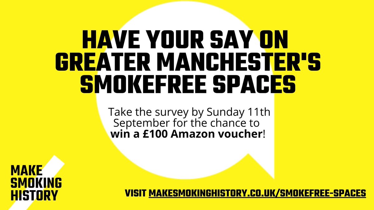 We want to hear from you!👂Now's the chance to have your say on where you’d like to see more outdoor smokefree spaces in Greater Manchester. #Cities4Health

Take our online survey to be in with a chance of winning a £100 Amazon voucher (T&amp;C’s apply) 👇
makesmokinghistory.co.uk/smokefree-spac…