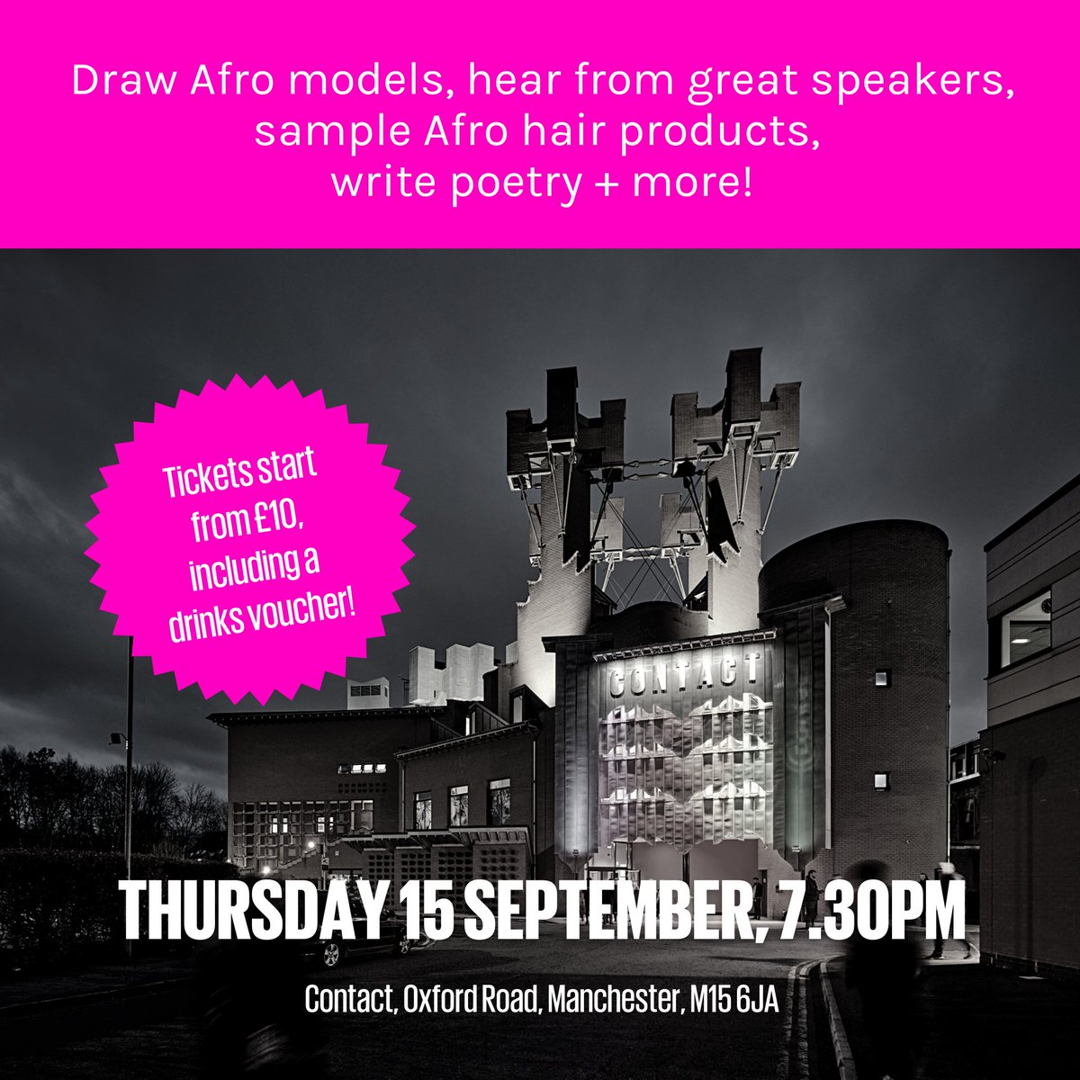 ContactMcr's tweet photo. We're also hosting a Drink + Draw event as part of our #AfroAppreciation series! β¨
This is a chance to draw some Afro models, hear from great speakers, sample Afro hair products, write poetry and more.
π All are welcome to join us! Book today: https://t.co/FRAPI8MaFy https://t.co/mio1UaDPFf