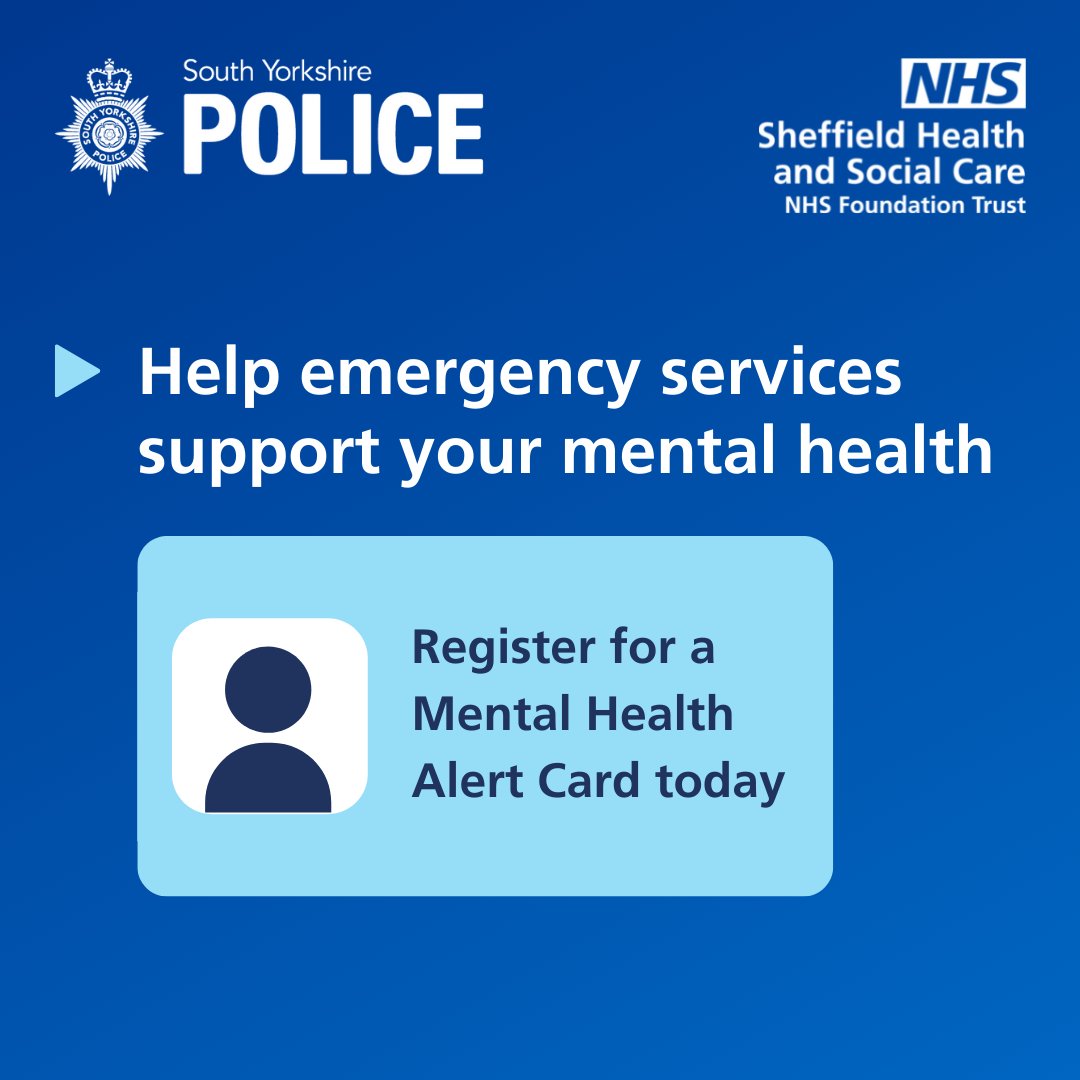 Sheffield Health and Social Care NHS FT (@shscft) on Twitter photo If you are living with a long term #mentalhealth condition registering for a Mental Health Alert Card can help <a href="/syptweet/">South Yorkshire Police</a> and emergency services in South Yorkshire best support you.
Find out more or register 👉 southyorkshire.police.uk/sign-up/autism… If you are living with a long term #mentalhealth condition registering for a Mental Health Alert Card can help <a href="/syptweet/">South Yorkshire Police</a> and emergency services in South Yorkshire best support you.
Find out more or register 👉 southyorkshire.police.uk/sign-up/autism…