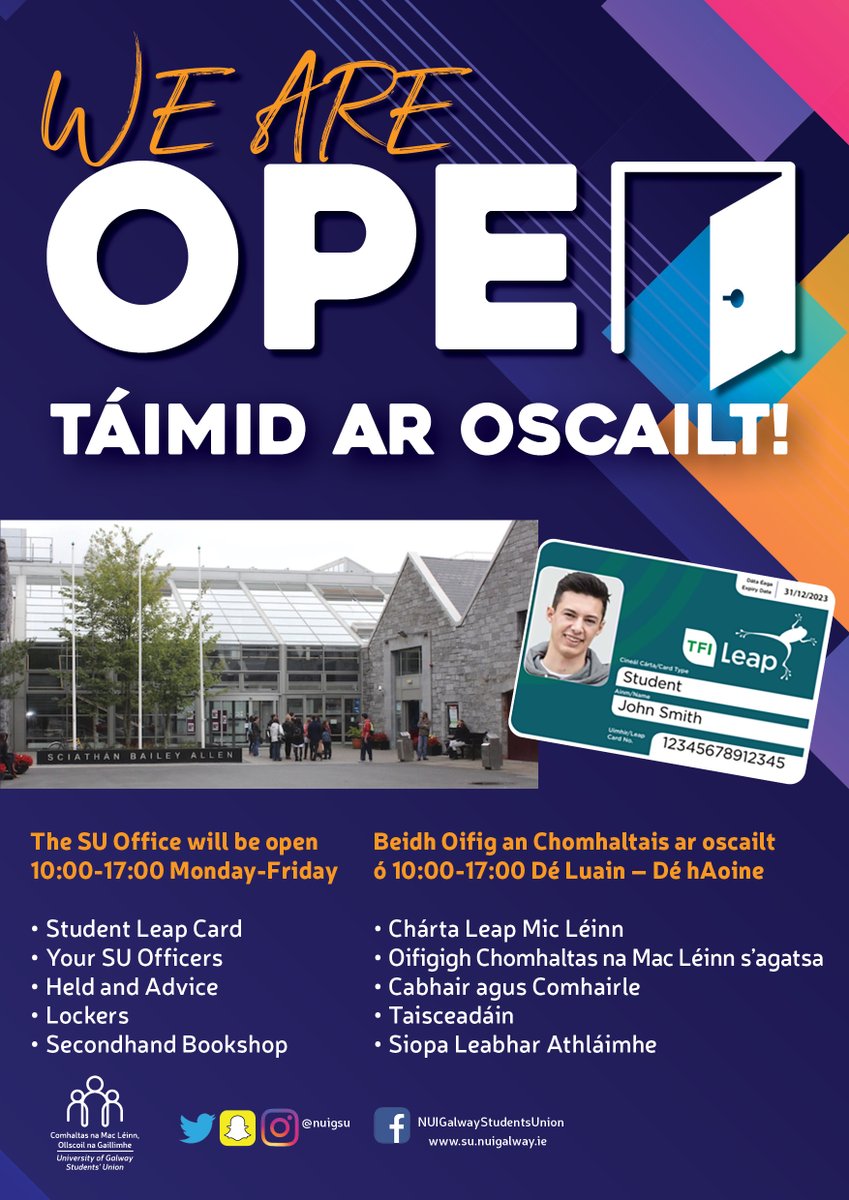 UniOfGalwaySU's tweet photo. 📢Good news!
1⃣SU Free Cloakroom and the SU Engineering Desk are both reopening today after a 2 year break!
2⃣SU Office Opening hours have been extended and are 10am-5pm Monday-Friday
#DoChomhaltas #SemesterOne #UniversityOfGalway https://t.co/YyFZdMt61P