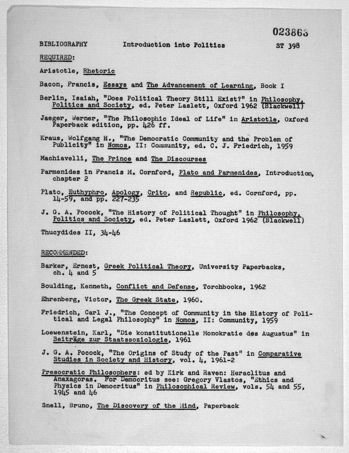 Samantharhill's tweet photo. Hannah Arendt's syllabus for Introduction to Politics, taught at the University of Chicago in 1963 https://t.co/60fr10FEnm