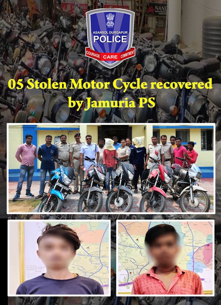 Cpadpc's tweet photo. Acting on source information Jamuria PS arrest 02 person and recovered 05 Stolen Motor Cycle.
#StolenRecovery #BikeRecovered
#ADPCDetects #JamuriaPS
@WBPolice https://t.co/NUhiLiqRzl