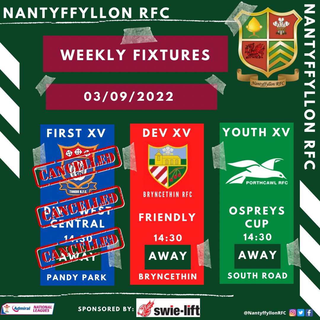 NantyffyllonRFC's tweet photo. As we await a potential First XV game, why not come along to one of our other games this weekend?

Both Development XV and Youth XV have tough opening games.

Whilst on Sunday, we field 7 mini and junior teams against both @MAESTEGCELTIC and @WaterWheelers

#UppaNant #MiniOwls https://t.co/YQxyerdWp5