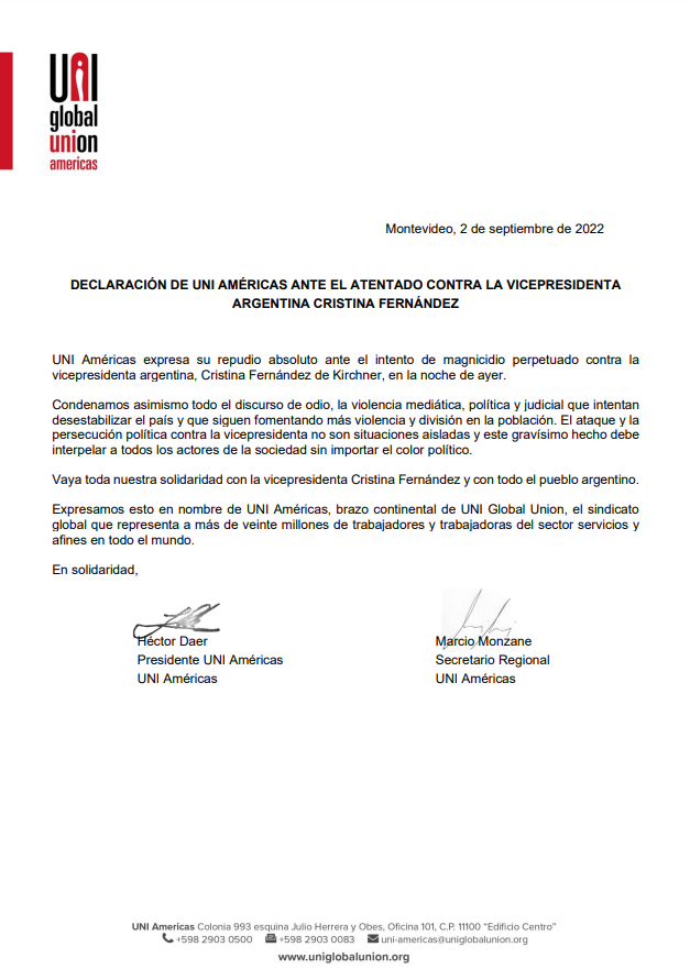 uniamericas's tweet photo. 🇦🇷Repudio absoluto ante el intento de magnicidio perpetuado contra la vicepresidenta argentina, @CFKArgentina, en la noche de ayer.

Condenamos asimismo todo el discurso de odio, la violencia mediática, política y judicial que intentan desestabilizar el país. https://t.co/Z9WKpcd2b5
