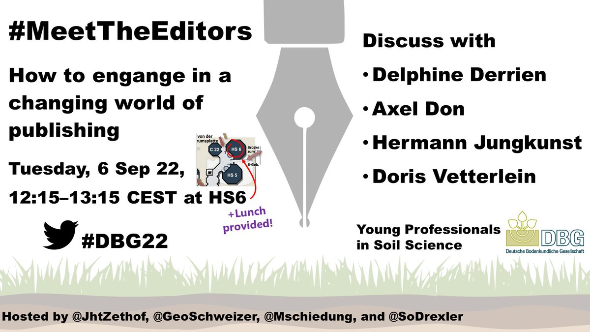 Discuss peer reviewing, open access publishing, how to choose the right journal, when to contact editors, and many many more topics with great editors! Next Tuesday #DBG22 @DBG_Soils #lunchbreak event (food provided). Organized together with <a href="/SoDrexler/">Sophie Drexler</a>, <a href="/JhtZethof/">Dr. Jeroen H. T. Zethof</a> &amp; <a href="/MSchiedung/">Marcus Schiedung</a>.
