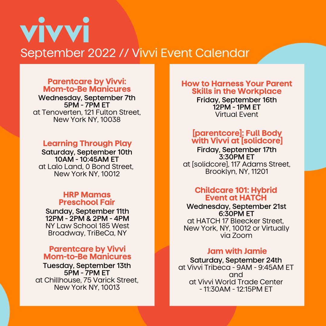 Manicures, workouts, and playgroups, oh my! Vivvi’s September Events Calendar is jam-packed with action!
⁠
Scroll on through and and head along to the link below to sign up for your favorites. Space is limited for some events, so register soon! ✨

vivvi.com/events