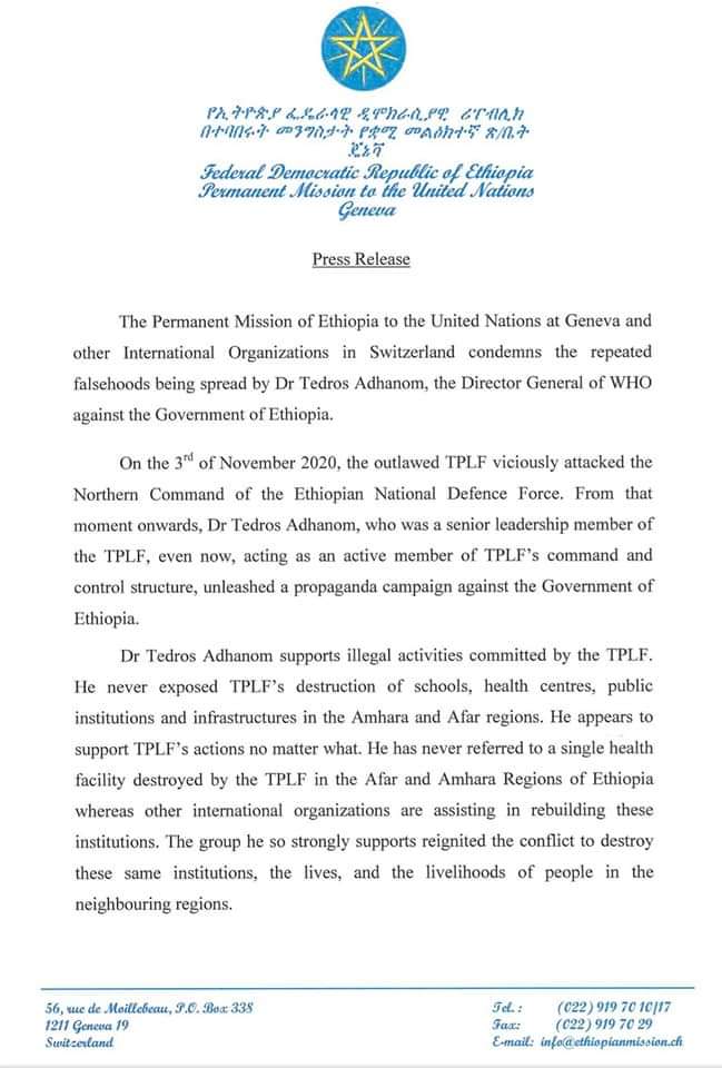 GazettePlusET's tweet photo. Press Release‼️
Press Release by Ethiopian Mission in #Geneva on the misconduct of the #WHODirectorGeneral‼️
@WHO https://t.co/CtmET1wPKD