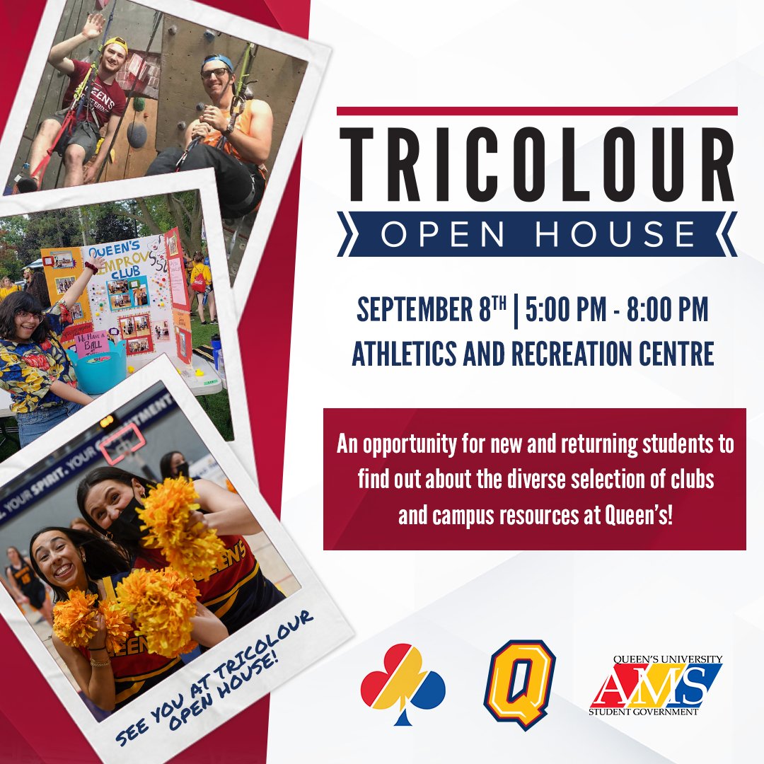 QueensARC's tweet photo. The Tricolour Open House is happening next week! Find out about all the clubs that the AMS and Athletics &amp; Recreation have to offer.

📅 Thursday, September 8
⏰ 5 - 8pm
📍 Athletics &amp; Recreation Centre

#queensu | #queensarc | #GoGaelsGo https://t.co/fpz8Tb9ydM