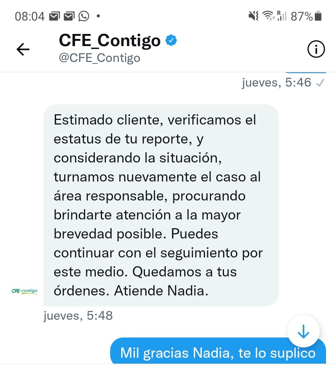 marlyriv's tweet photo. @CFE_Contigo Tengo 56 horas sin luz y aun teniendo reporte levantando me dicen que no tienen información de lo que digo. Ayer envié mensaje y recibo esto. Como me dicen que no tienen reporte https://t.co/9gYvfFU77h