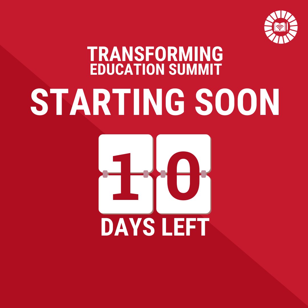 Only 10 days left until the #TransformingEducation Summit. 📅 16, 17 & 19 September 📍 @un in NYC The Summit will provide a unique opportunity to elevate education to the top of the global political agenda. 🔗 un.org/en/transformin… #LetMeLearn
