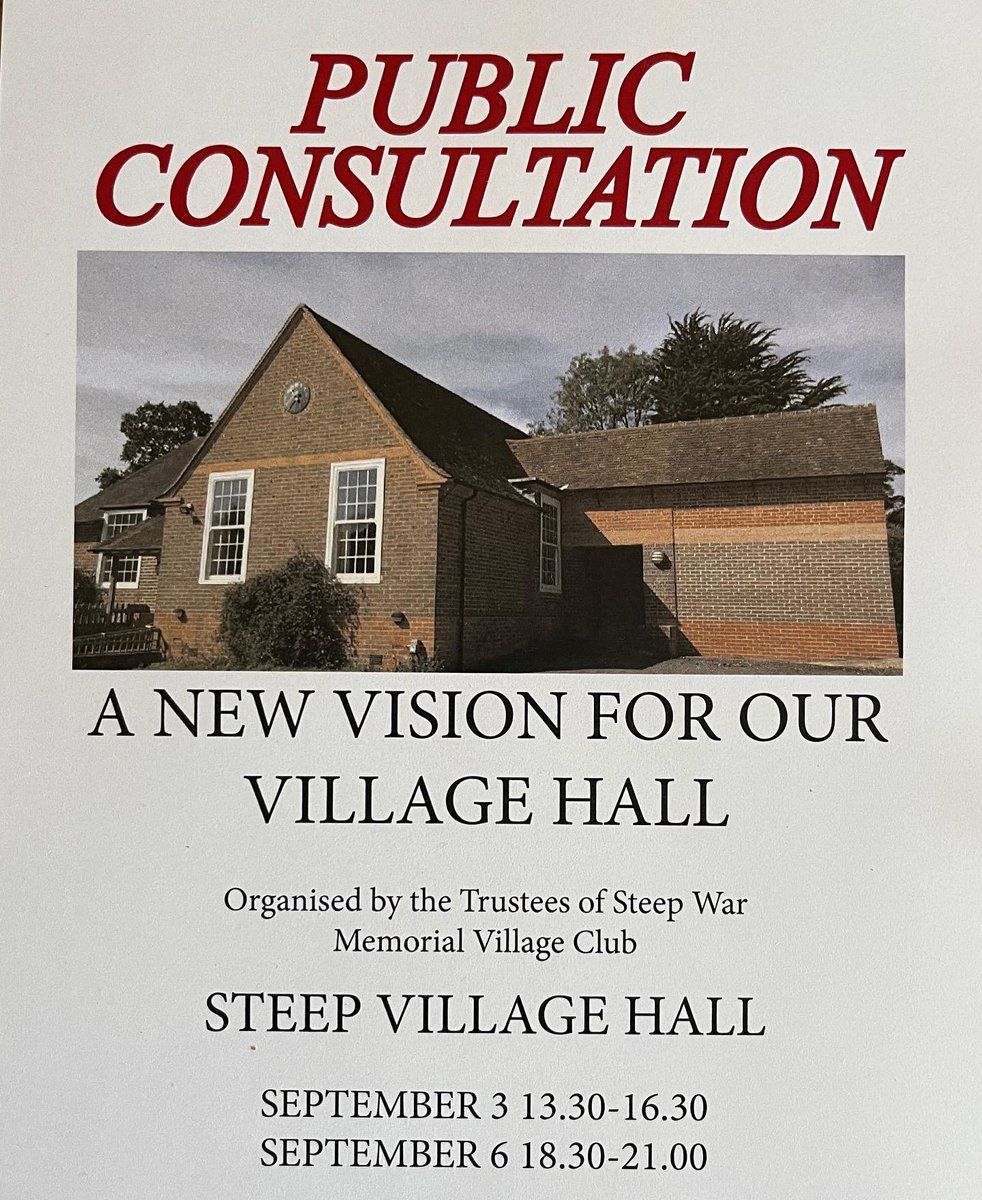 SteepTogether's tweet photo. Don’t forget the display in Steep Village Hall tomorrow afternoon. Sat 3rd Jan 1.30-4.30pm. New ideas for what Steep Village Hall might look like with enhancement of its surroundings. Come and say what you think about the new vision. https://t.co/O93ycM5cjl
