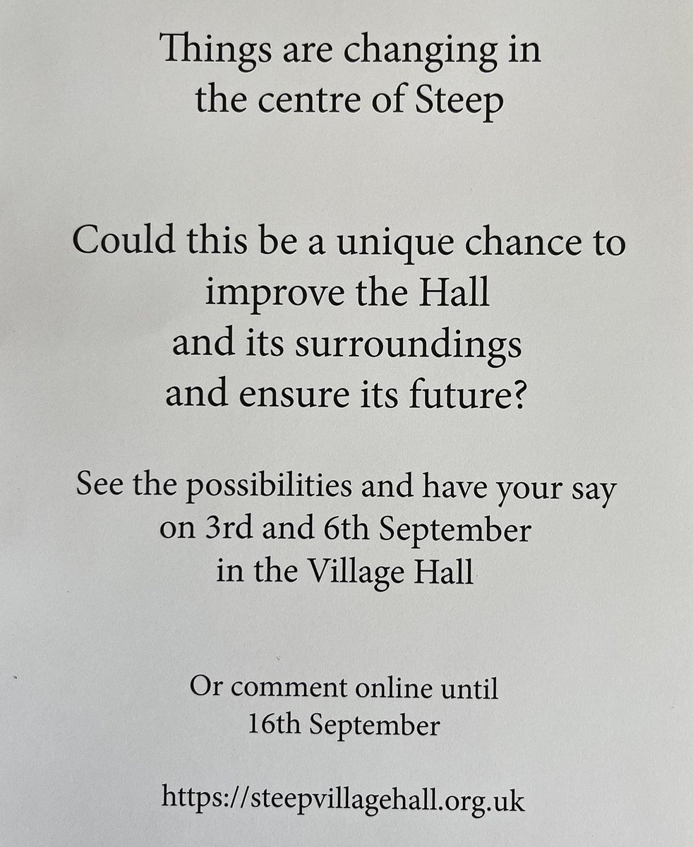 SteepTogether's tweet photo. Don’t forget the display in Steep Village Hall tomorrow afternoon. Sat 3rd Jan 1.30-4.30pm. New ideas for what Steep Village Hall might look like with enhancement of its surroundings. Come and say what you think about the new vision. https://t.co/O93ycM5cjl