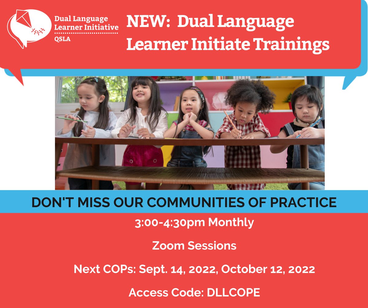Are you interested in learning how to better support young #DLLs in your #ECE programs? Join the #DLLInitiative's next COP to learn from your peers, build your toolbox of resources, &amp; grow your DLL network🧰!  Sign up here👉🏾lacoe.k12oms.org/2403-224483 

@lacoeheadstart <a href="/First5LA/">First 5 LA</a>