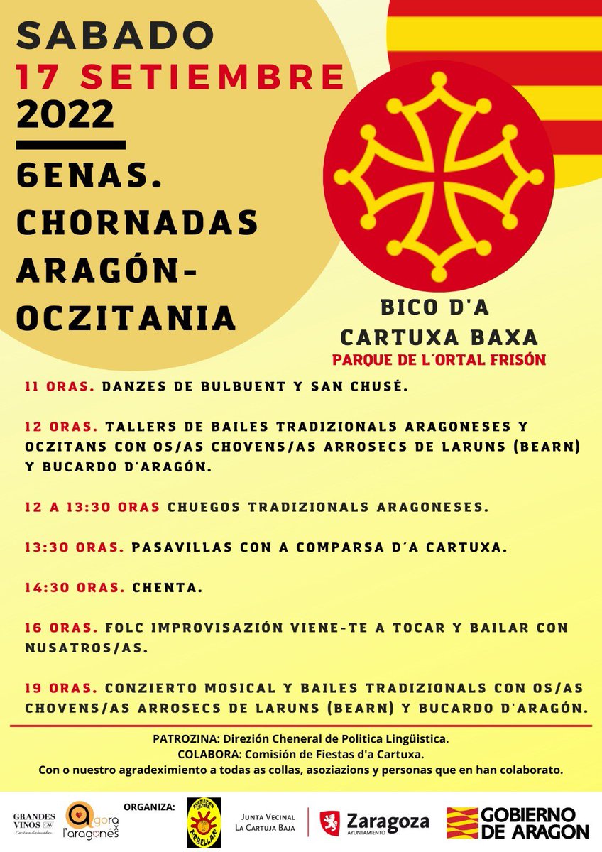 Tras uno años de parón forzado, regresan las 𝗝𝗢𝗥𝗡𝗔𝗗𝗔𝗦 𝗔𝗥𝗔𝗚𝗢́𝗡-𝗢𝗖𝗖𝗜𝗧𝗔𝗡𝗜𝗔  Organizadas por la Asociación Cultural El Rebellar, en esta 6ª edición se celebran en el barrio de LA CARTUJA BAJA

¡Una excelente programación donde no podíamos faltar

¡Os esperamos!