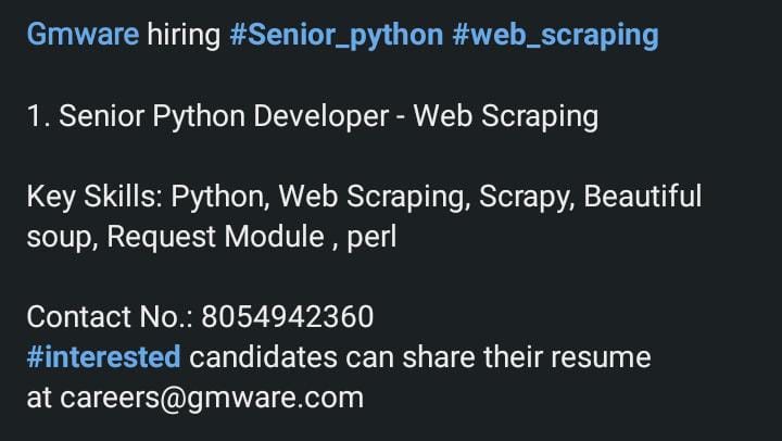 ReferIndia's tweet image. Gmware hiring #senior_python #web_scraping

#ReferIndia #helpinghands #jobs #freshers #job #fresherjobs #hiringalert #hiringnow #jobalert #