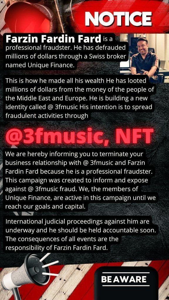 manitavakoli's tweet photo. @Dubai_DED @cybearena The CEO of #3fmusic ,Farzin Fardinfard, in UAE also is in charge of Regional Office of Uniqe Finance AG in UAE!
He misused his position and rights and  gained huge Capital from investors of UF. 

He's still operating in @Dubai_DED 's jurisdiction area!

#investors_unique_finance https://t.co/SANv4kQqZa