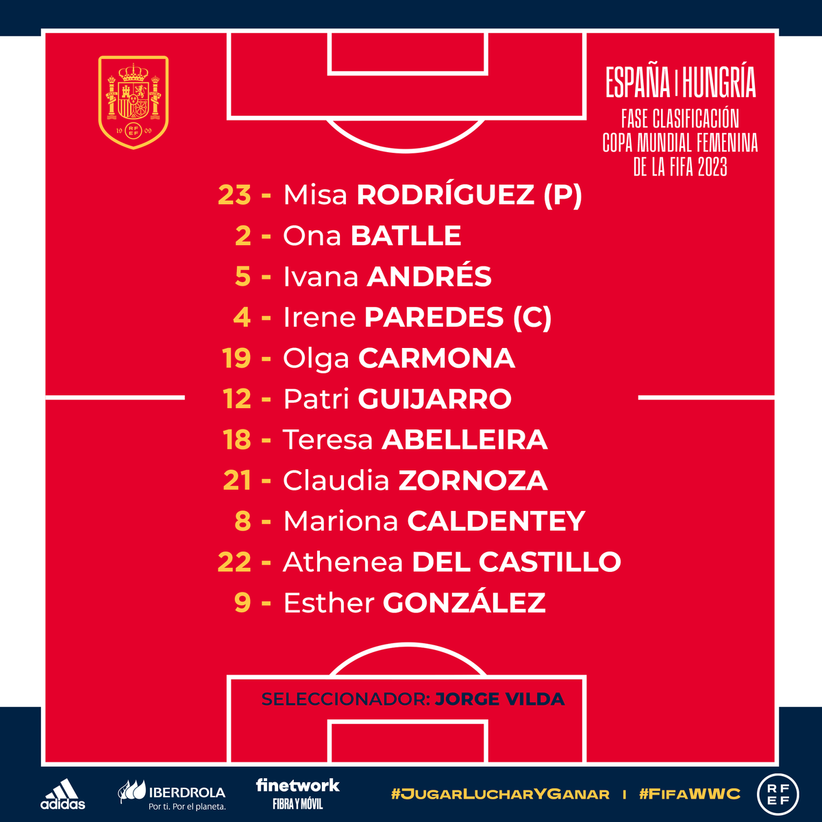 SEFutbolFem's tweet photo. 🔴 𝗢𝗙𝗜𝗖𝗜𝗔𝗟 I ¡ESTA ES LA ALINEACIÓN PARA EL PRIMER PARTIDO DE LA TEMPORADA!

👥 Así sale la @SEFutbolFem en la séptima jornada de clasificación al Mundial de 2023.

#JugarLucharYGanar I #FIFAWWC https://t.co/DlJp9cw1ZC