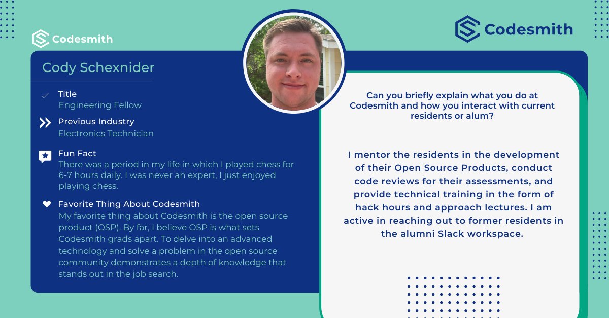 codesmith_'s tweet image. Feature Friday: Engineering Fellow Cody Schexnider is a huge chess fan &amp;amp; former electronics technician who isn&apos;t afraid to tap into the #Codesmith community for advice. 

He works to guide residents through their open source products, hold code reviews &amp;amp; more! 

#100daysofcode